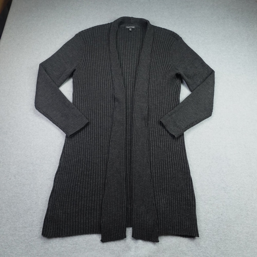 Eileen Fisher Cardigan Womens L Gray Ribbed Open Front 100% Merino Wool